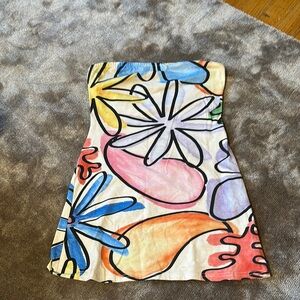 Colorful Strapless Dress with Abstract Floral Design